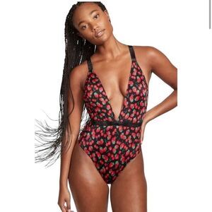 Victoria Secret One Piece Swimsuit Sz‎ Large Cherry Strawberry Plunge Lolita NEW